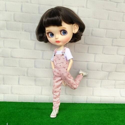 New Doll’s Blyth Clothes Pink Stripe Flower Bib Overalls Pants/ T-shirt for Azone, Barbies, blyth Dolls Accessories Clothes