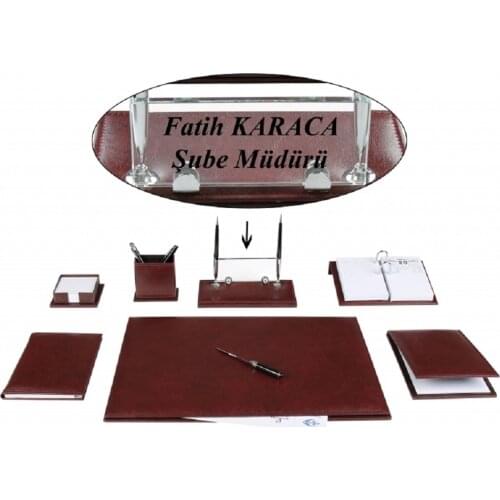 KALAMIS Office Business Claret Red Bordeaux Leather Deskset Desk Name Plate Set and Crystal Table Nameplate