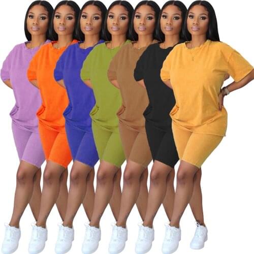 Plus Size Casual Two Piece Short Set for Women Round Neck Short Sleeve T Shirt Tops+Mini Biker Shorts Summer Solid Loose Outfits