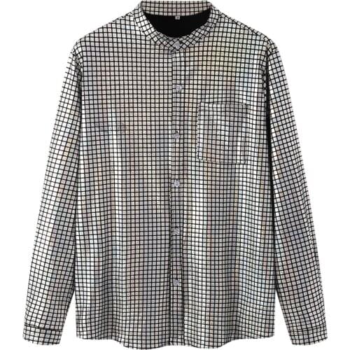 2021 Men Casual Shirt Bright Surface Plaid Shirt Long Sleeve Pocket Stand Collar Tops Fashion Simple Daily Shirts Мужская Одежда