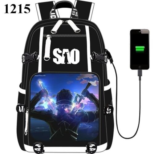 Anime SAO Sword Art Online Game USB Port Backpack School Book Students Outdoor Shoulder Bag Rucksack Cosplay
