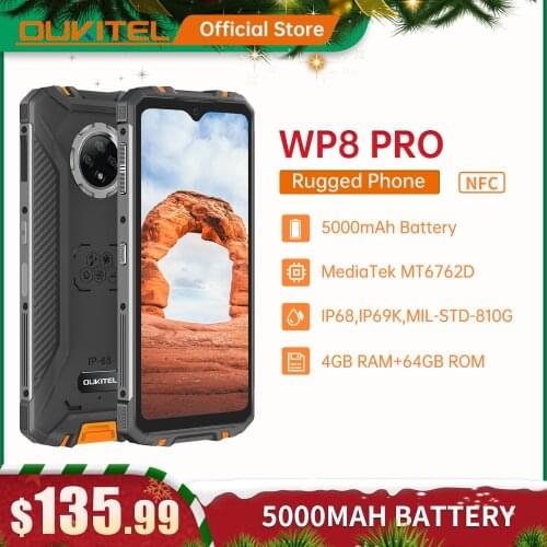 OUKITEL WP8 Pro NFC Android 10 IP68 Rugged Sports Phone Mobile 6.49'' Fingerprint 4GB 64GB 5000mAh 16MP Triple Camera