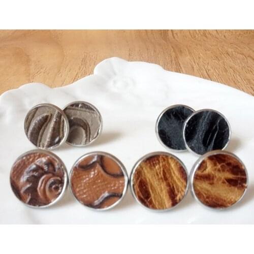 Embossed Vintage Genuine Leather Button Studs Earrings for Women Mother Day Gift Newest Jewelry