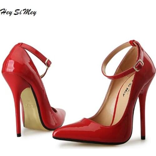 Shoes Woman Wedding Shoes Genuine 2018 Pumps Singles Spring and Autumn Shoes Thin Heels 13cm Pointed Toe Buckle Strap Plus Size