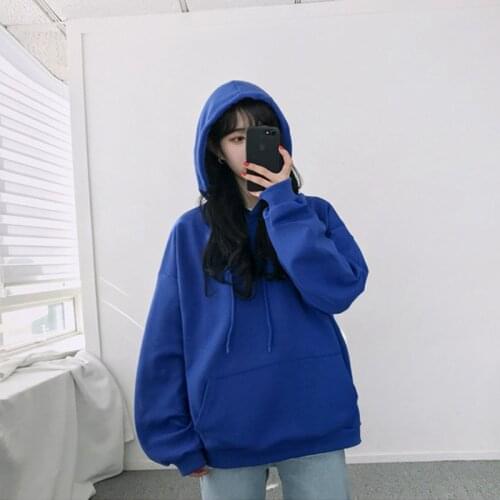 2021 Spring Autumn Women Plus Velvet Solid Sweatshirts Korean Oversized Pocket Thick Warm Simple Hoodies Female Ropa Mujer B141
