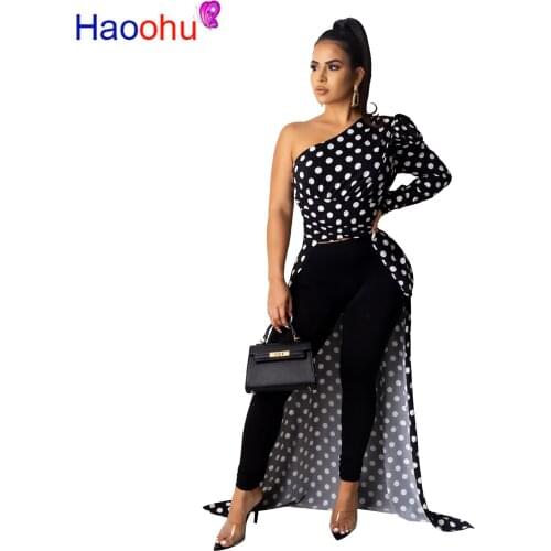 HAOOHU Polka Dot T Shirt Women Tunic Fall Clothes Rave One Shoulder Long Sleeve Irregular Hem Woman Sexy Graphic Tees Maxi Tops