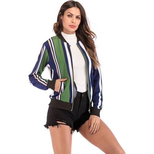 2018 Women Coat Fashion Ladies Retro Stripe Zipper Up Bomber Jacket Casual Coat Autumn Outwear Women Slim Clothes