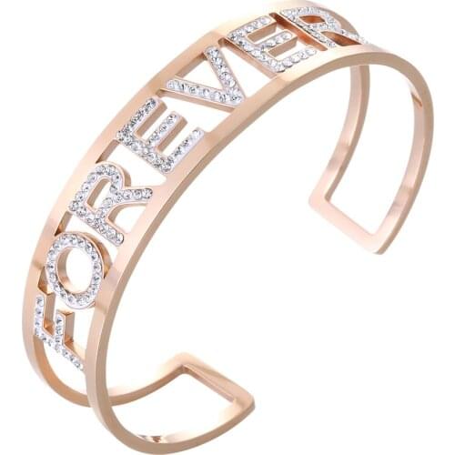Rose Gold FOREVER Letter Cuff Bracelet Bangle Stainless Steel Hollow Colorful Crystal Bangle For Women 2021 New Jewelry Gifts