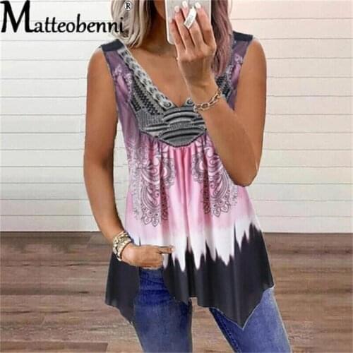 2021 Summer V-Neck Fashion Printed Sleeveless Tops Women Vintage Casual Loose Tank Top Ladies Plus Size Sexy Vest T-Shirt Tops