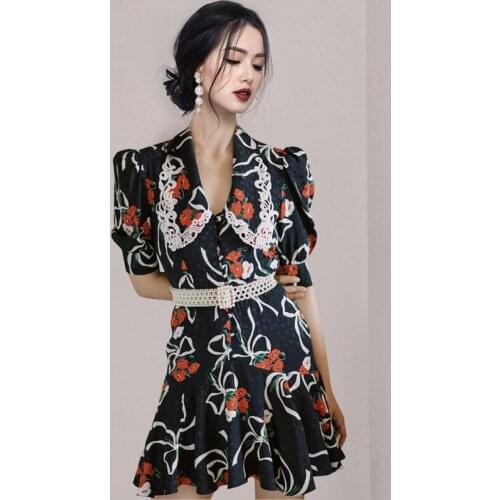 Fashion Designer Summer Party Dress 2021 New Elegant Women Flower Printed Short Lantern Sleeve Peter Pan Collar Ruffles Dresses