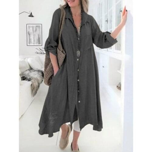 2021 Women Lapel Long Sleeve Autumn Shirt Dress Maxi Robe Elegant Solid Color Office Vestidos Irregular Long Sleeve Long Shirts