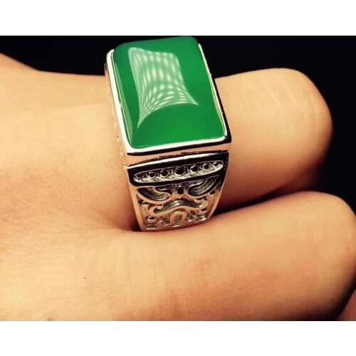 100%925 silver inlaid green chalcedony female ring live mouth natural green chalcedony ring