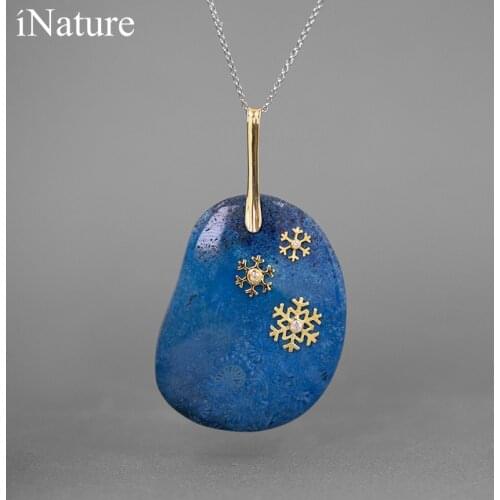 INATURE Natural Blue Chrysanthemum Stone Pendant Necklace for Women 925 Sterling Silver Snowflake Choker Necklaces Jewelry