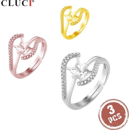 CLUCI 3pcs 925 Sterling Silver Geometric Zircon Rings for Women Pearl Ring Mounting Silver 925 Adjustable Open Rings SR2113SB