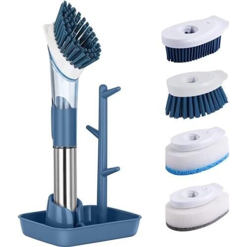 4 In 1 Kitchen Cleaning Brush Set Long Handle Cleaing Brush With Removable Brush Sponge Dispenser Dishwashing Brush With Holder
