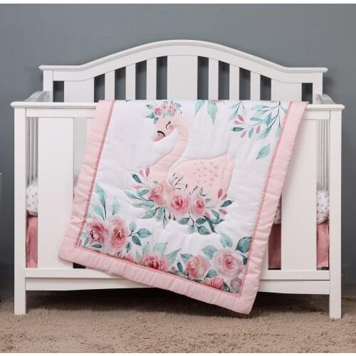 3pcs micro fiber brushed Baby Crib Bedding Set swan and flower design for Girls hot sale including quilt, crib sheet, crib skirt