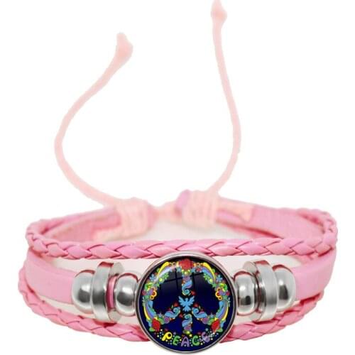 2021 New Retro Hippie Peace Sign Fan Bus Leather Bracelet Fashion Women Men Jewelry Convex Round Glass Dome Bangle