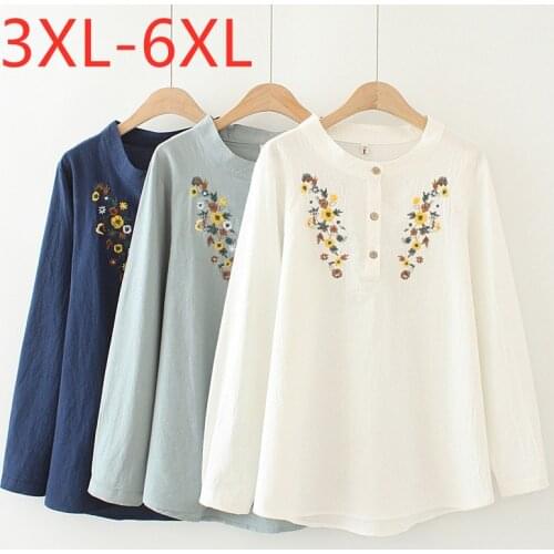 New 2021 Ladies Spring Autumn Plus Size Tops For Women Large Blouse Long Sleeve Casual Cotton Linen Floral Shirt 3XL 4XL 5XL 6XL