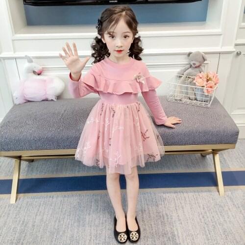 Girls dress spring and autumn 2019 new princess dress childrens dress stitching long-sleeved lace princess dress