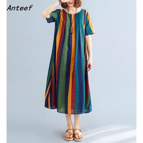 Cotton plus size vintage stripe women casual loose long summer dress elegant clothes 2021 ladies dresses sundress