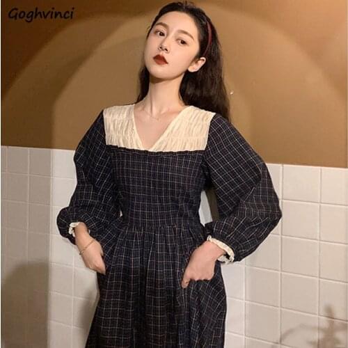 Long Sleeve Dress Women V-neck Plaid Patchwork Casual Loose Ins Elegant Fairy Defined-waist Retro French Females Dresses Ulzzang