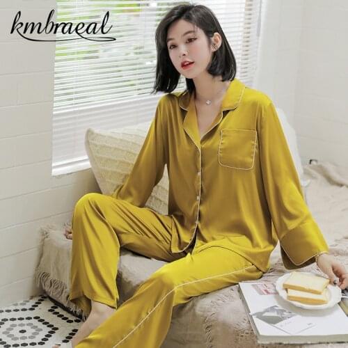 2021 Luxury Silk Pajamas Set Yellow Pockets Design Sexy Nightwear Winter Ladies Sleepwear Fashion Party Soft Homewear Plus Size