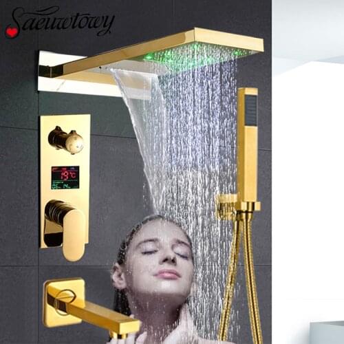 Luxurious Golden LED Rain&Waterfall Shower Faucet Set Bathroom Faucet Shower Column Brass Mixer Valve Spout Faucet Conceal Showe