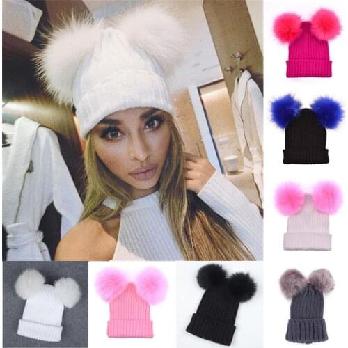 Fur Ball Cap 2 Pom Poms Winter Hats For Women Girls Wool Knitted Hat Cotton Beanies Cap Thick Bonnet Femme Cap шапка женская