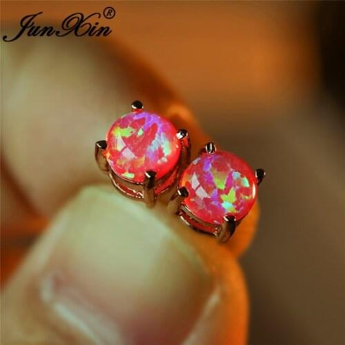 Cute Rainbow Pink Blue White Fire Opal Earrings Rose Gold 6MM Stone Round Stud Earrings For Women Wedding Ear Studs Jewelry Gift