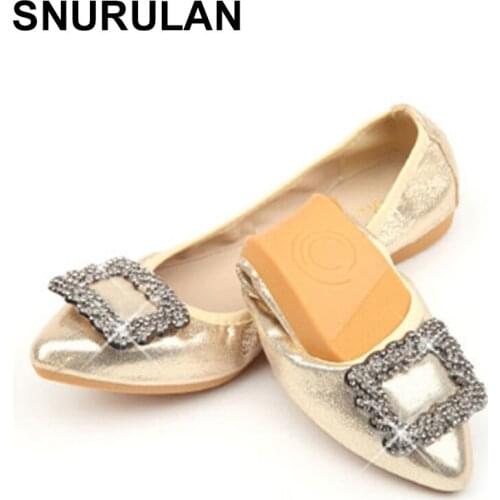 SNURULAN New Spring 2019 Women Flat Ballet Flats 2017 Handmade Square Buckles with Rhinestones Pointed Toe Flexible Flat Shoes