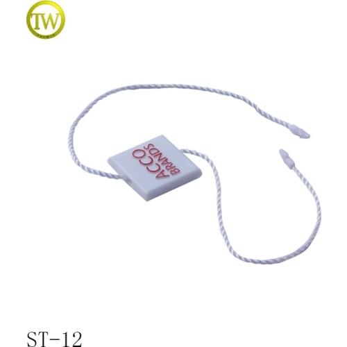 ST12 Custom embossed logo string plastic seal tag for clothing hang tag