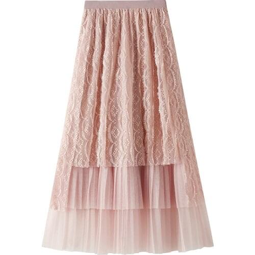 Hollow Out Lace Mesh Skirt Women Spring Summer 2021 Korean Young Preppy Style Tassel Lace Irregular Long Skirts Pink Faldas