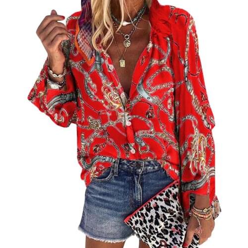 Casual Plus Size Tops And Blouses Women 2021 Summer Long Sleeve V-neck Chain Print Office Lady Loose Blouse Feminino
