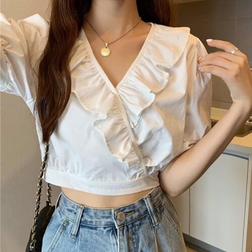 Ruffles Short Shirt Women V-Neck Pullover England Style Puff Sleeve Woman Clothes 2021 Summer Slim White Blouses Chemisier Femme