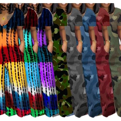 SSEURAT Women Print Short Sleeve V-neck Loose Straight Jumpsuits with Pockets Casual Fashion Streetwear Summer