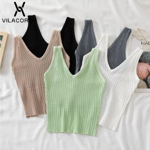 Deep V Sleeveless Women Tank Tops Green Knitted Backless Basic Crop Tops Pullover Stretch Top Vest Sexy Female Base Clothes