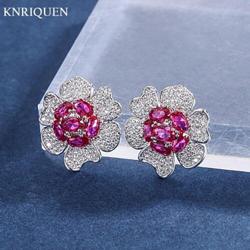 2021 Trend Vintage High Carbon Diamond Ruby Gemstone Flower-Shaped Earrings for Women 925 Sterling Silver Female Jewelry Gift
