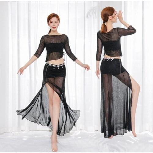 Belly Dance Costume For Women Oriental Bellydance Practice Clothing Adult Sexy Sequin Top And Skirt Transparent Mesh Dancewear