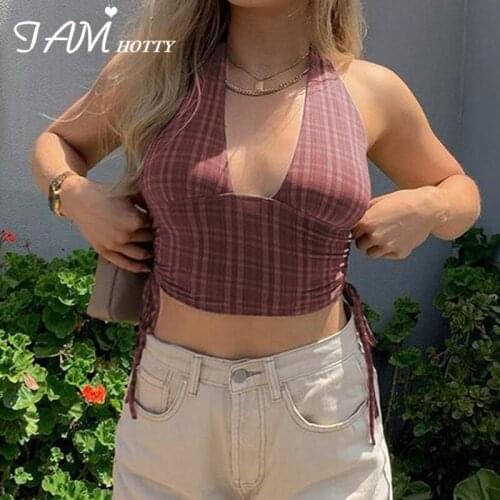Vintage Sexy Plaid Print Halter Camisole Women y2k Fashion V Neck Aesthetic Brown Crop Top Summer Harajuku Cute Vest Iamhotty