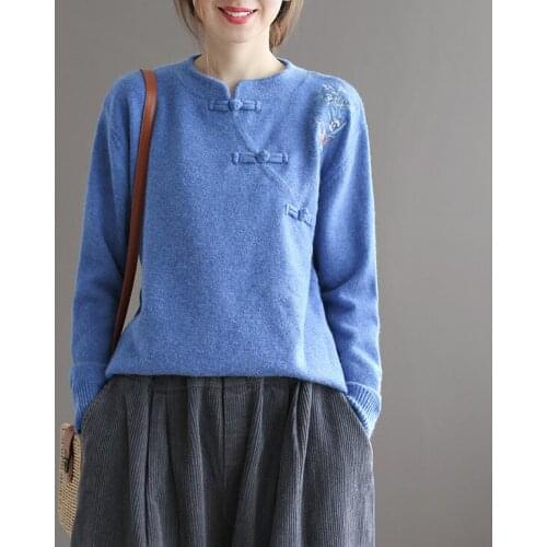 Autumn Winter Sweaters Women Retro Solid Color Embroidery Furcal Asymmetric Loose Female Knit Tops