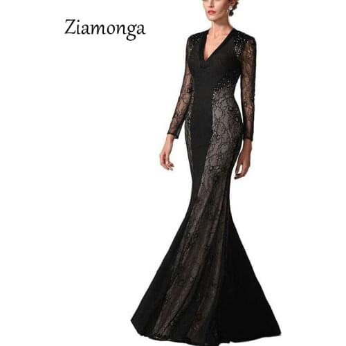 Ziamonga Elegant Luxury Black Red Long Sleeve Patchwork Lace Party Club Dress Sexy Long Mermaid Gown Ladies Formal Dresses