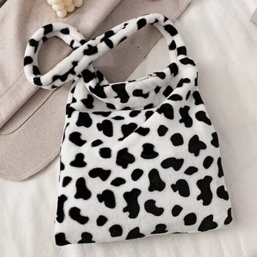 Winter Furry Women Large Handbags Fashion Cow Pattern Ladies Shoulder Messenger Bags Soft Plush Female Girls Travel Casual Tote