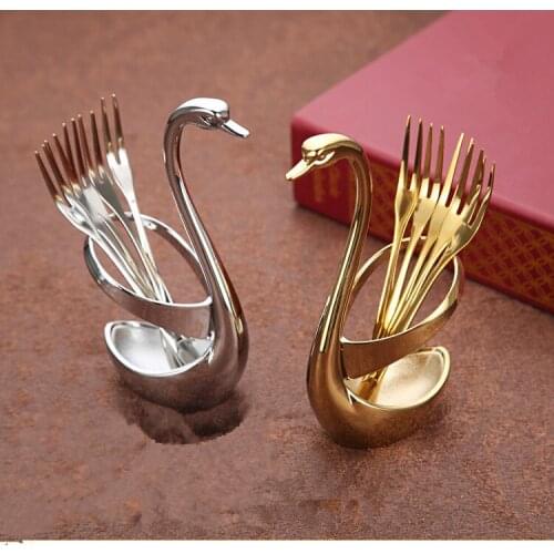 1SET Swan Fruit Holder Forks Stainless Steel Salad Dessert Forks Coffee Spoon Cake Tableware Zero Waste Talher Flatware XB 072