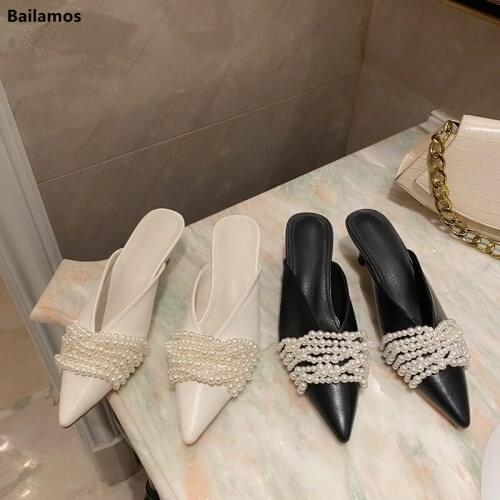 Bailamos 2021 Spring Summer Women Black/White Casual Slides Mules Shoes Pointed Toe Pearl Slippers Chain Slip On Shallow Slides