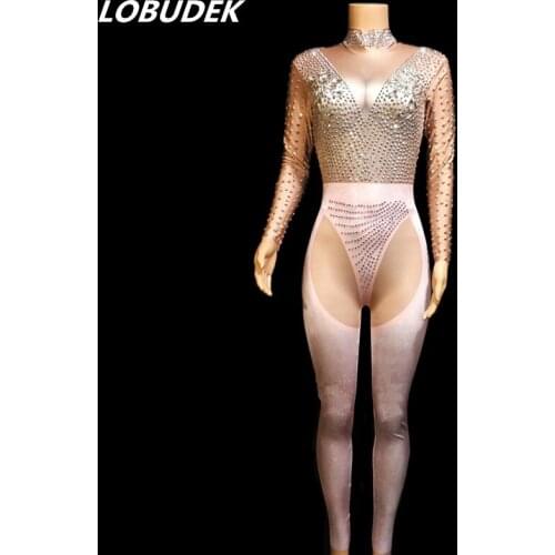 Sparkly Rhinestones Skinny Jumpsuit Crystal Rompers Sexy Lady Club Bar Party Stage Wear Female Singer DJ Concert Leotard Costume
