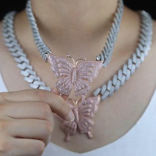 Big size Butterfly pendant charm necklace with bubble miami curb cuban chain hip hop necklace rapper gift rock women jewelry