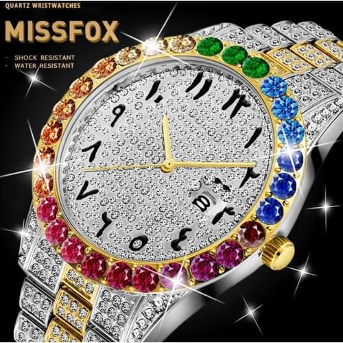 Mens Luxury Designer MISSFOX Roman Numbers Dial Watch Rainbow Graduation Bezel Watch Men Analog Round Luxury Brand Male Watch