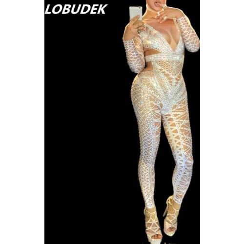 Black White Rhinestones Elastic Jumpsuit Women DJ Singer Stage Costume Bar Dancer Party Show Dance Outfit Nightclub Clothing