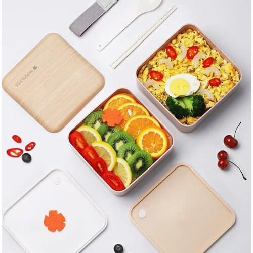 BPA Free Double Layer Lunch Box Set Wooden Style Microwave Bento Box Square Food Container lunch Box for Student Workers