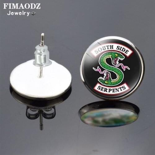FIMAODZ Riverdale Stud Earrings for Women South Side Serpents Glass Cabochon Metal Earings Trendy TV Jewelry